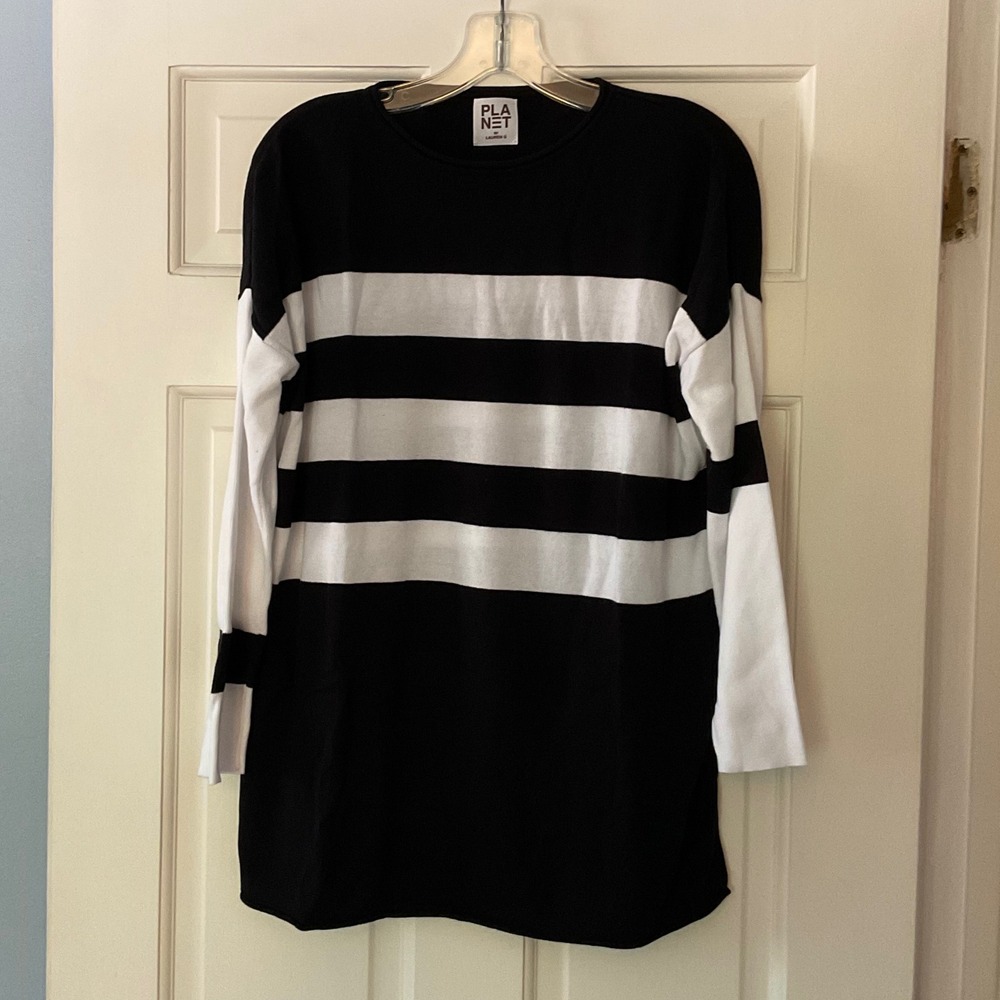 Planet by Lauren G Pima Cotton Modal Striped Top Black White OS Peru Made Luxe